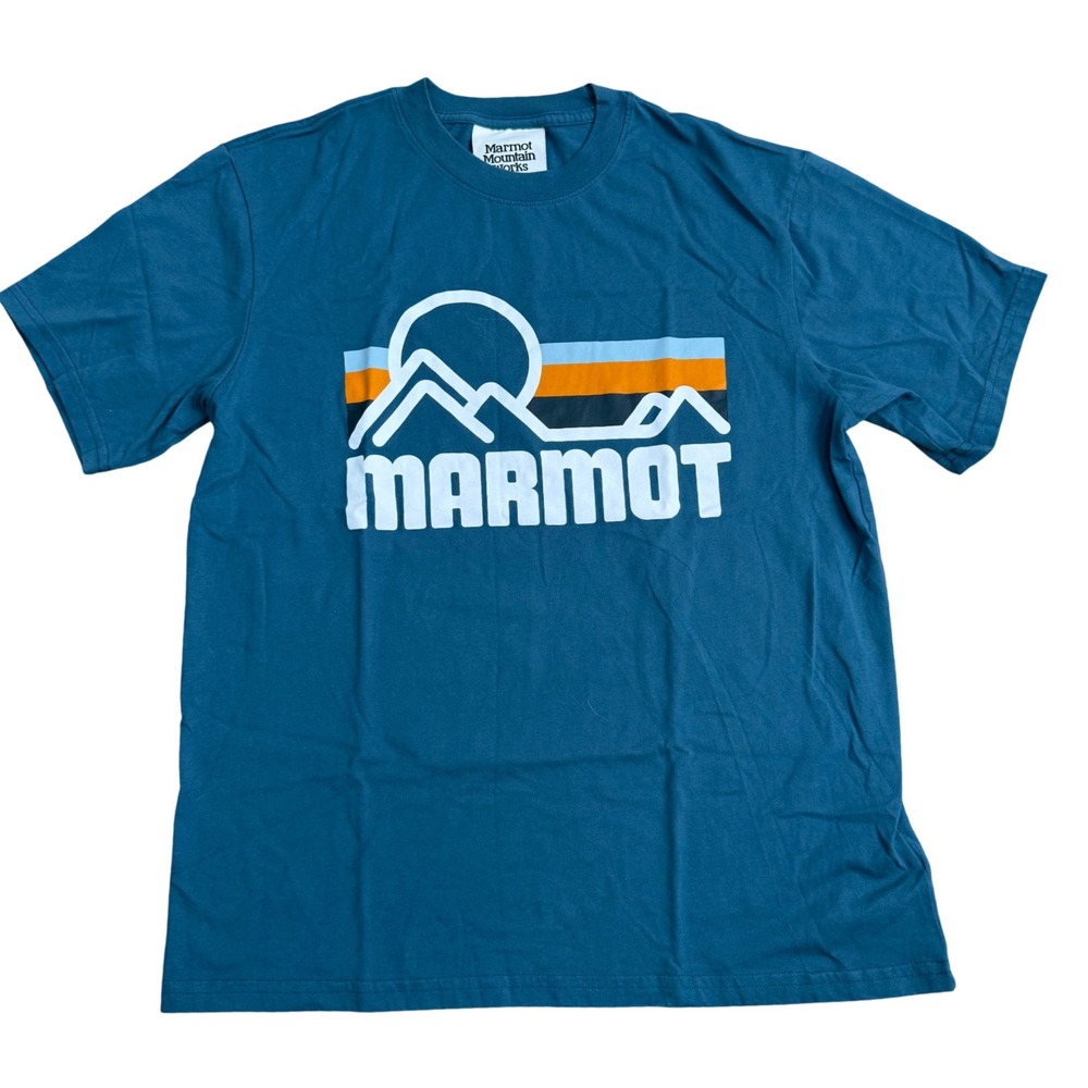 Marmot (Blue) Graphic Mountain Logo T-Shirt Mens Medium Soft Outdoor Retro
